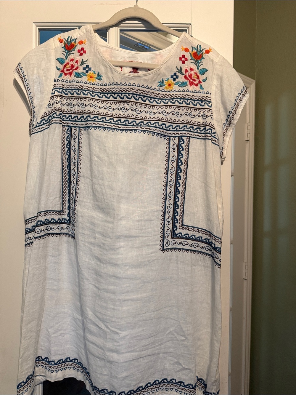 Johnny Was White Mini Dress with Multicolor Embroidery